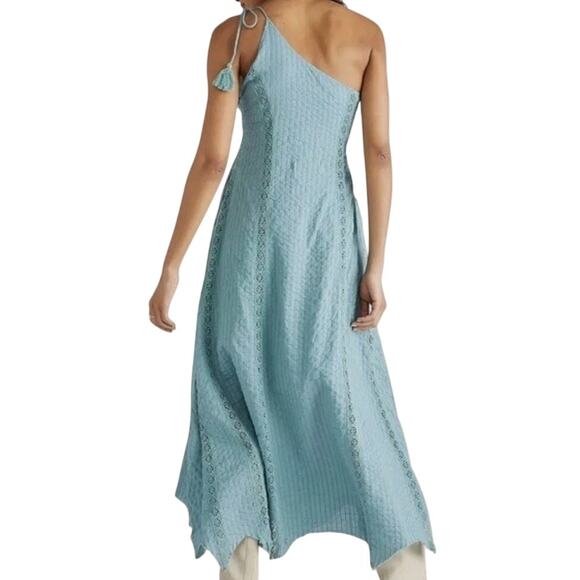 Free People Bella Boho Tie One Shoulder Cotton Maxi Dress Lace Mint Green Small - Picture 2 of 11